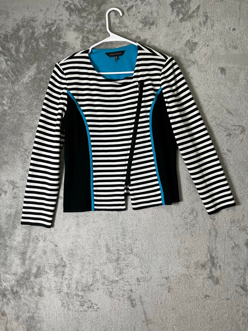 Ming Wang Striped Knit Asymmetrical Zip Moto Cardigan Jacket Blue Trim MP